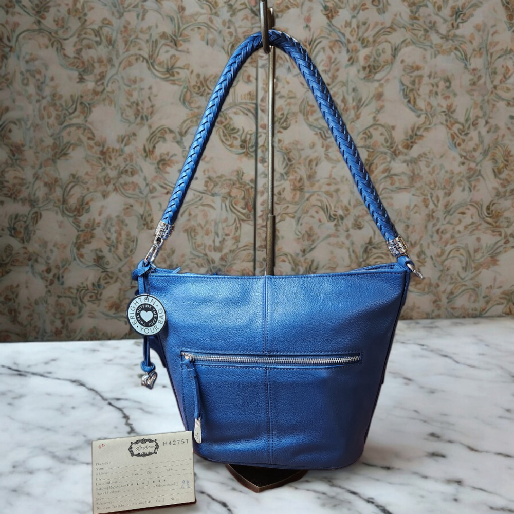 Brighton Blue Leather Shoulder Bag with Braided Strap